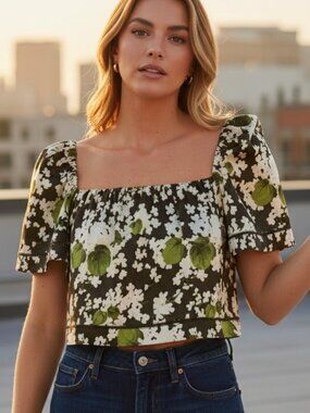 Tuckernuck Hydrangea Blooms Luna Crop Top Black Square Neck Stretch XL NWT